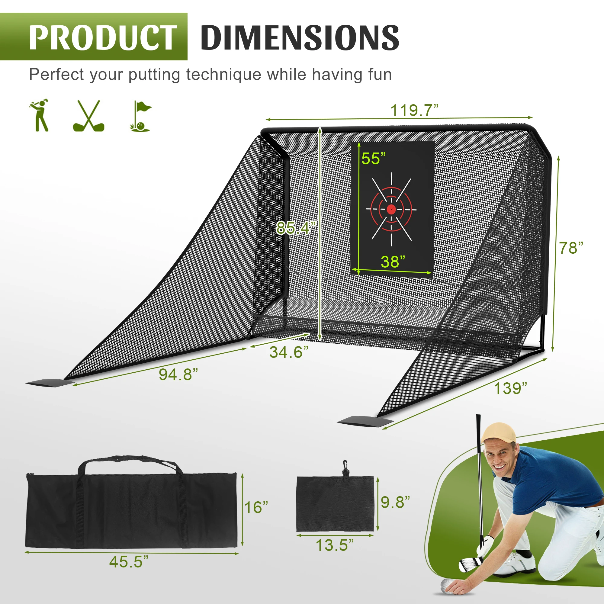 Golf Practice Net 10x7ft Auto Ball Return Enclosure Side Barriers Portable Durable Hitting Net Backyard Indoor Carry Bag Stakes