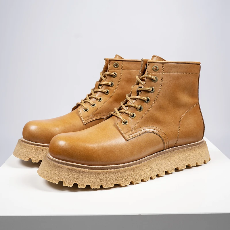 

New Fashion Men's Ankle Motorcycle Boots Genuine Leather Thick Bottom Outdoor High-top Work Boots Street Trendy Shoes