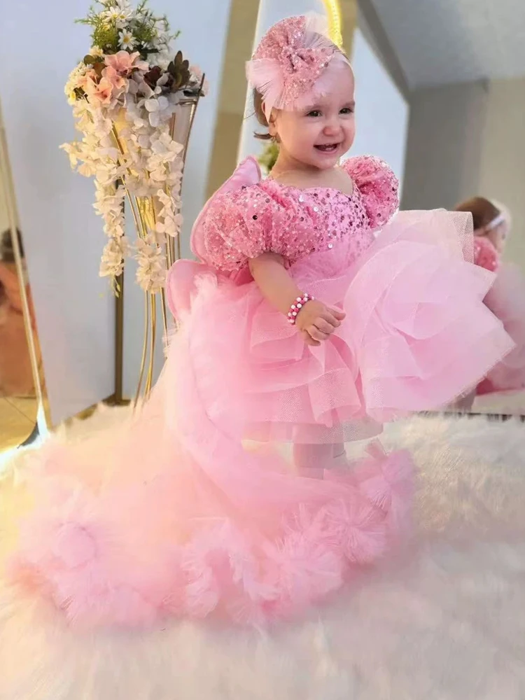 Girl's Pink Princess Dress Sequins Trailing Mesh Children's Dress Flower Girl's Wedding Cute Dress Baby's Birthday Dress