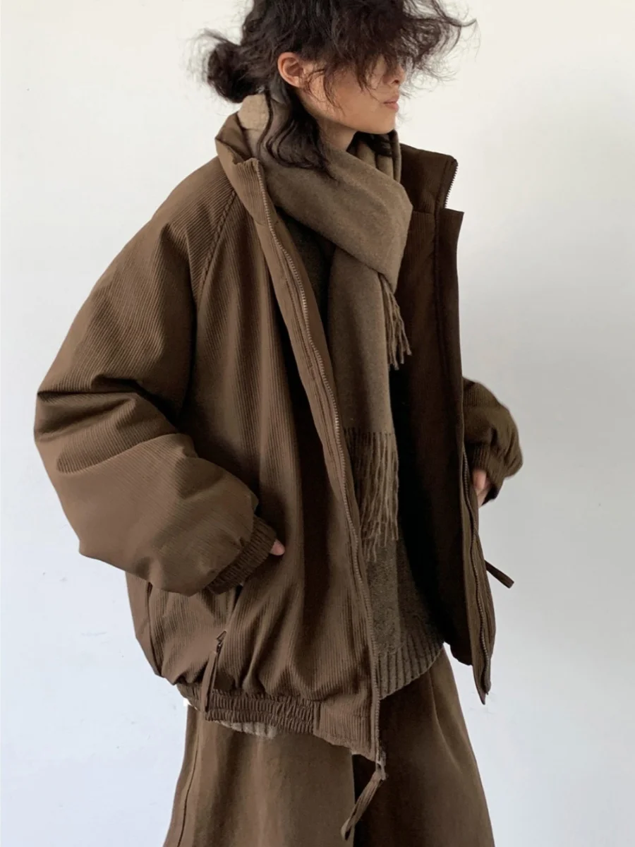 Unisex Autumn Winter Neutral Beige Vertical Stripes Cotton Jacket Bread Style Retro Match All Cotton Coat Zipper Closure Casu...