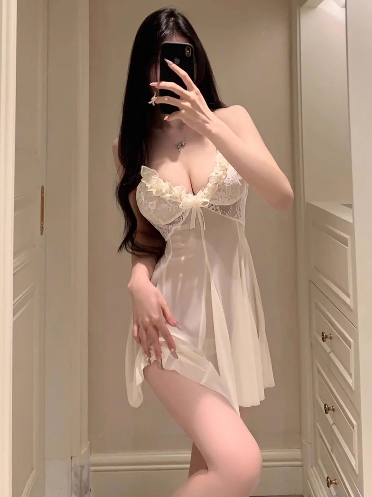 

Princess Style Sweet Pure Desire Girl Strap Dress Low Chest V-neck Big Back Exposure Mesh Slimming Lace Sleep Dress Trendy