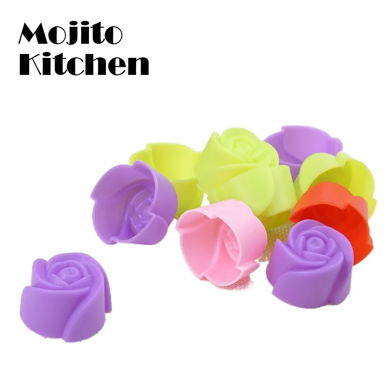 10pcs Rose Mold DIY Food Grade Silicone Mini Cupcake Cake Tool Muffin Cookie Baking Molds Chocolate Soap Pastry Decorating Set