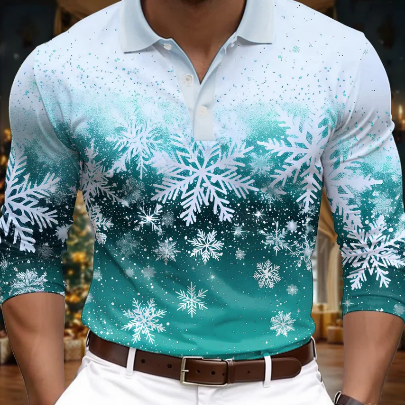 Christmas Decorations Men's Snowflake Shirts Golf Polos Tops Long Sleeve Casual Event / Party Dailywear 3D Print Buttons Tunic