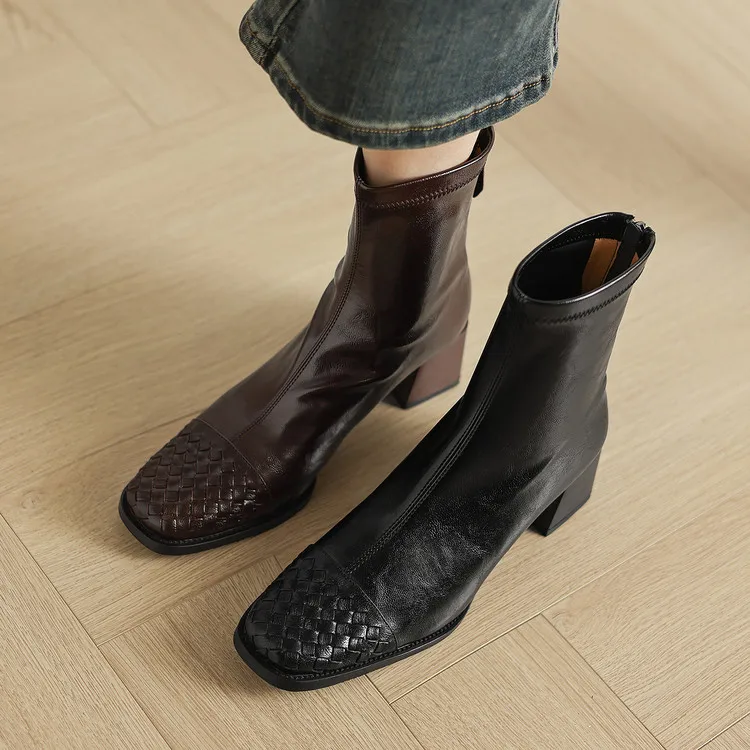 

Brown Leather Mixed Short Boots Stretch Autumn Short Chelsea Botas Weaved Designer Square Toe Ankle Botines Black Chaussure