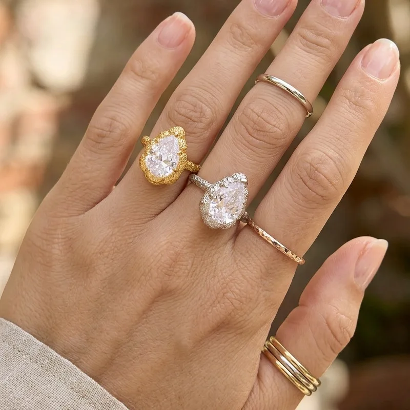 Punk Chunky Waterdrop Cubic Zirconia Rings Personality Lava Textured Crystal Wedding Ring Stainlesss Steel Hiphop Rock Jewelry