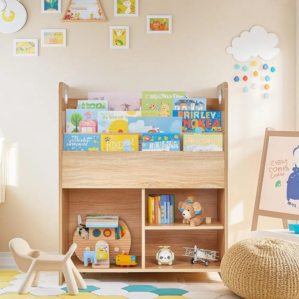 

3-Shelf Wooden Kids' Book Organizer with Storage, Playroom & Nursery Toddler Bookcase in Teak