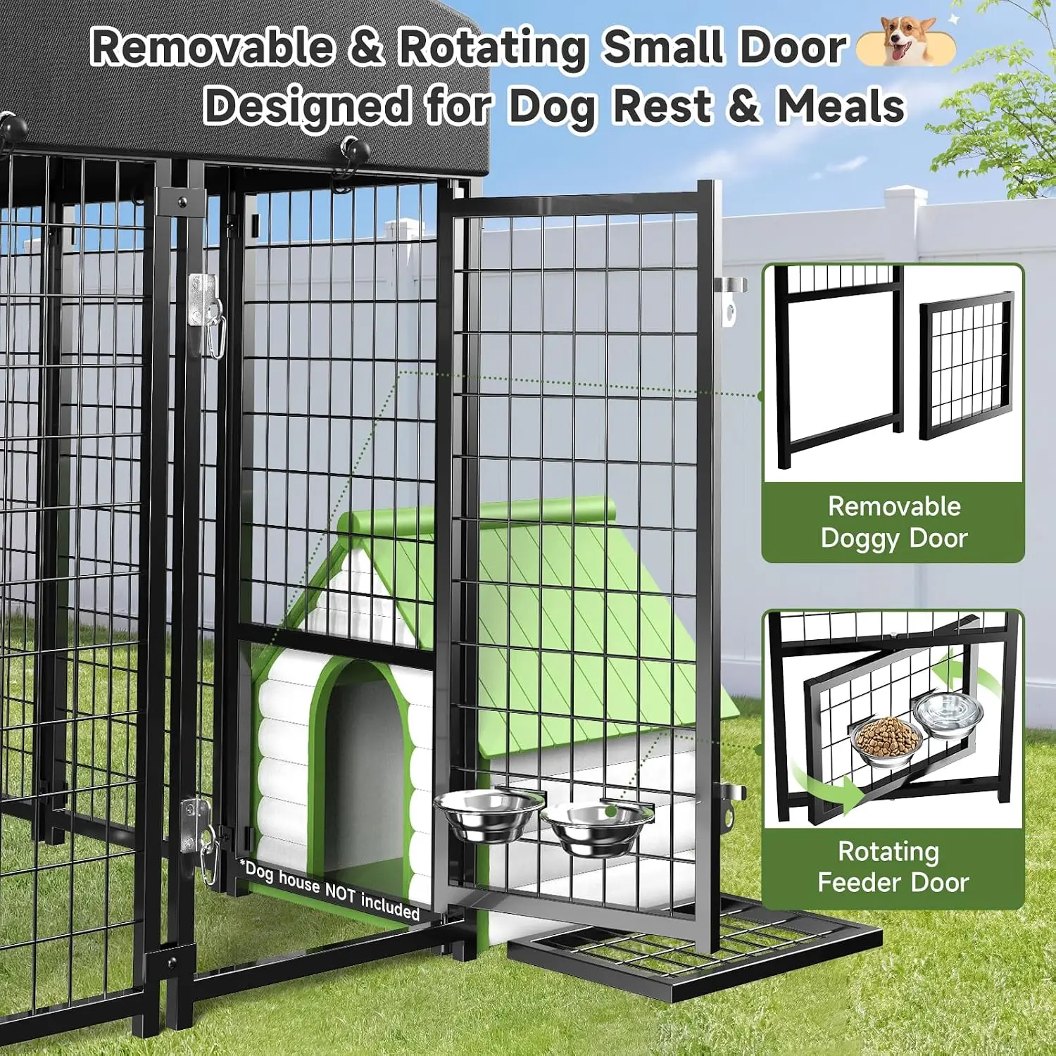 Large Outdoor Dog Kennel with Roof & Feeders, Removable Door for House, Heavy Duty Pen for Large Dogs, 8x4x6 FT, Customized