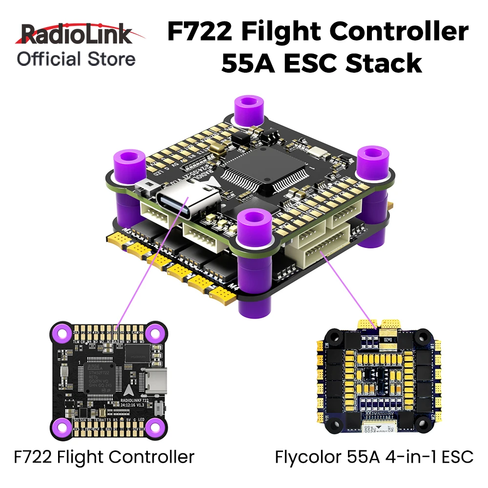 

Radiolink 8CH F7 FC F722 Betaflight INAV Stack Flight Controller OSD,55A 4 in1 ESC for Quadcopter FPV Racing Drone Aircraft