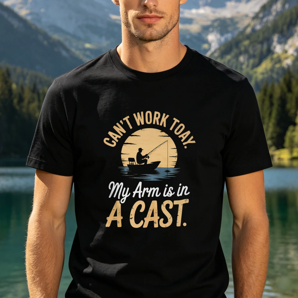 Can't Work Today My Arm Is In A Cast Tees Sunset Fisherman Cotton T Shirt Funny Fisherman T-Shirt Retirement Angler Humor Gift