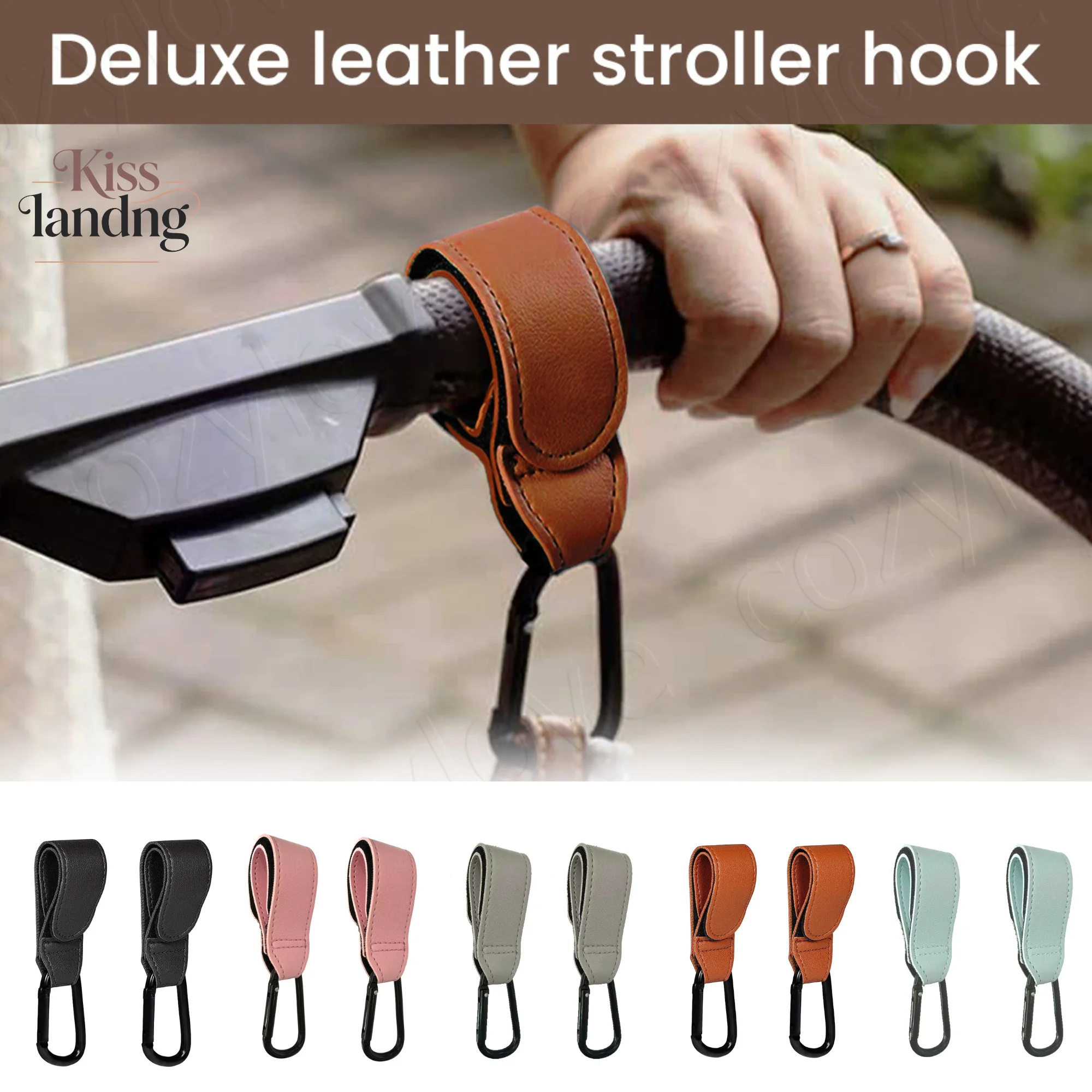 2 Pack Premium PU Leather Stroller Hooks with Anti-Slip Design Heavy Duty Stroller Accessories for Baby Strollers