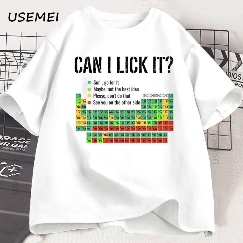 Can I Lick It Periodic Table T Shirt Men Women Periodic Table T-shirt Casual Chemistry Teacher Tshirt Round Neck Short Sleeve