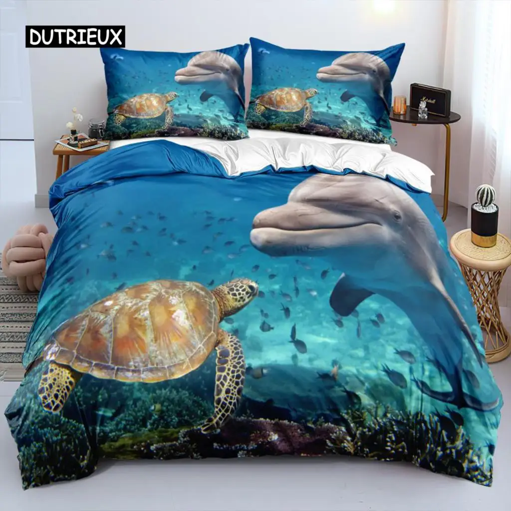 Marine Life Duvet Cover King Microfiber Blue Ocean Dolphin Turtle Pattern Twin Bedding Set Hawaiian Vacation Style Quilt Cover