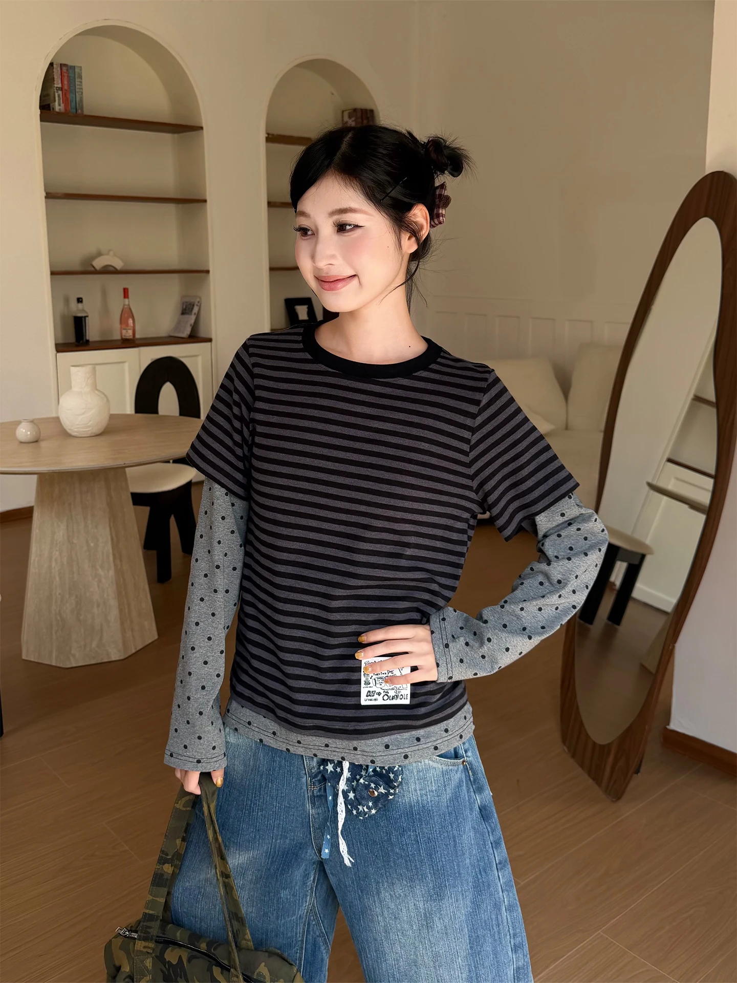 

Женская футболка Don Cry Casual с длинными рукавами, в полоску и горошек, весенняя, в американском стиле, универсальная, свободного кроя, с круглым вырезом