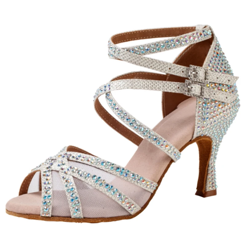Hot New Rhinestone Latin Dance Shoes Women Salsa Tango Ballroom Party High Heels Gold Silver Girls Summer Sandals Jazz Trainers