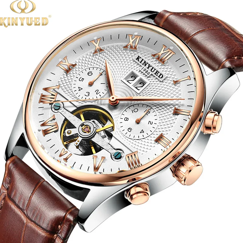 KINYUED Men watch Skeleton Mechanical Leather Strap Wristwatch Casual Business Automatic Calendar Watches for Man reloj hombre