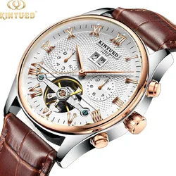 KINYUED-reloj de pulsera con correa de cuero para hombre, cronógrafo mecánico con esqueleto, informal, de negocios, automático, con calendario