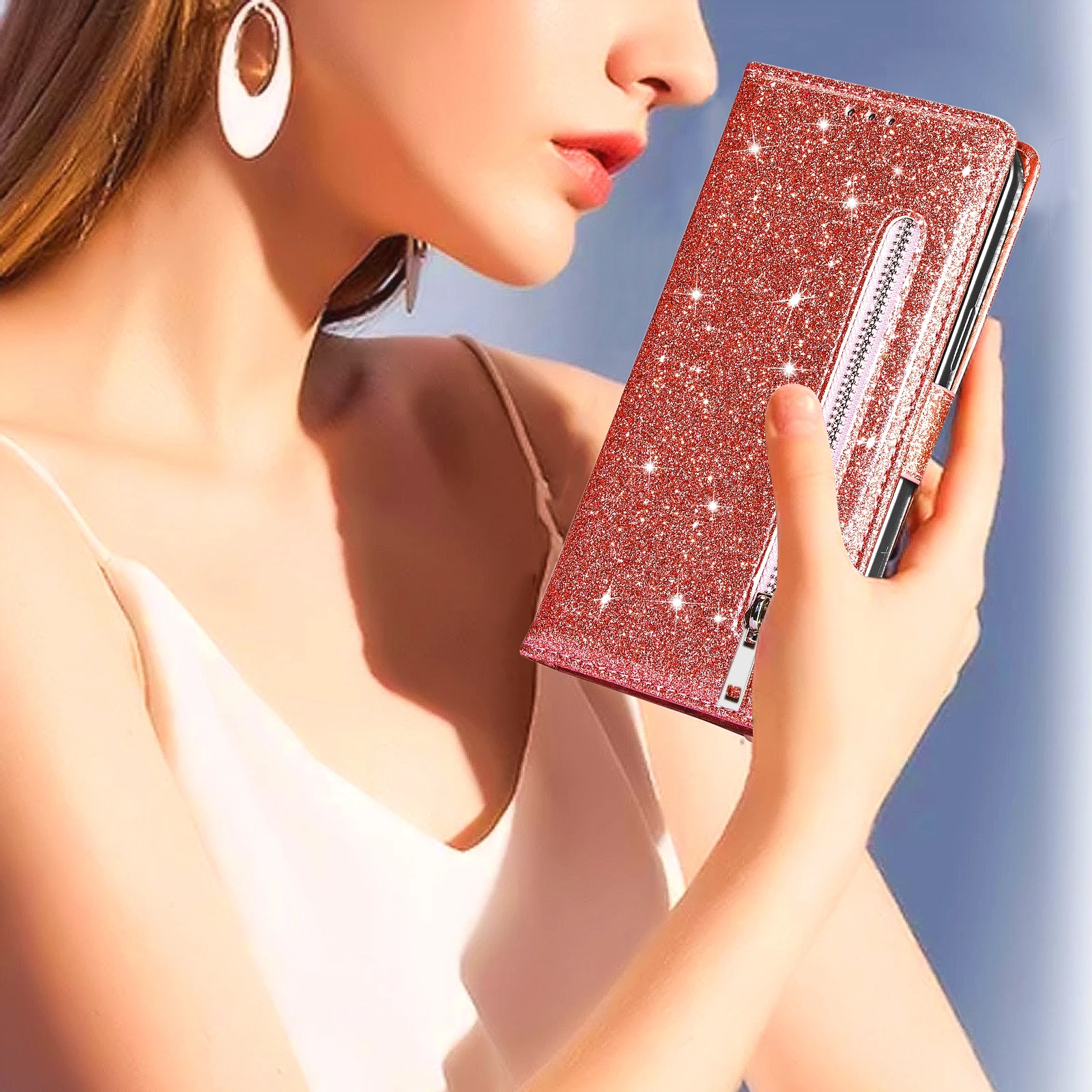 Reißverschluss-Flip-Brieftaschen-Hülle aus Glitzerleder für iPhone 18 17 16 15 14 13 12 11 Pro Max XS XR 8 7 Plus SE 16E Mini Bling Handyhülle – Detail 1