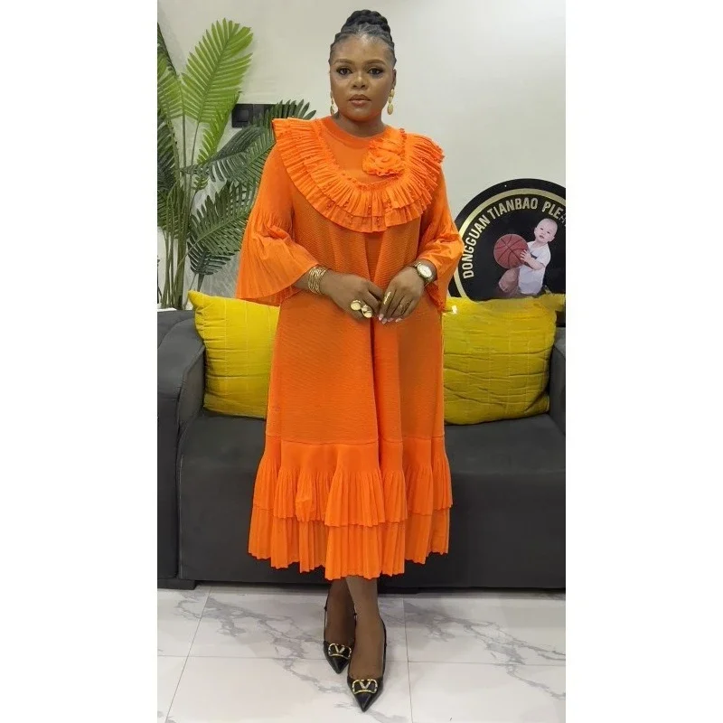 

Miyake Pleats 2025 Spring Wholesale New Splicing Dress Nail Beads Ruffle Edge Loose Temperament Dresses Women's Clothing