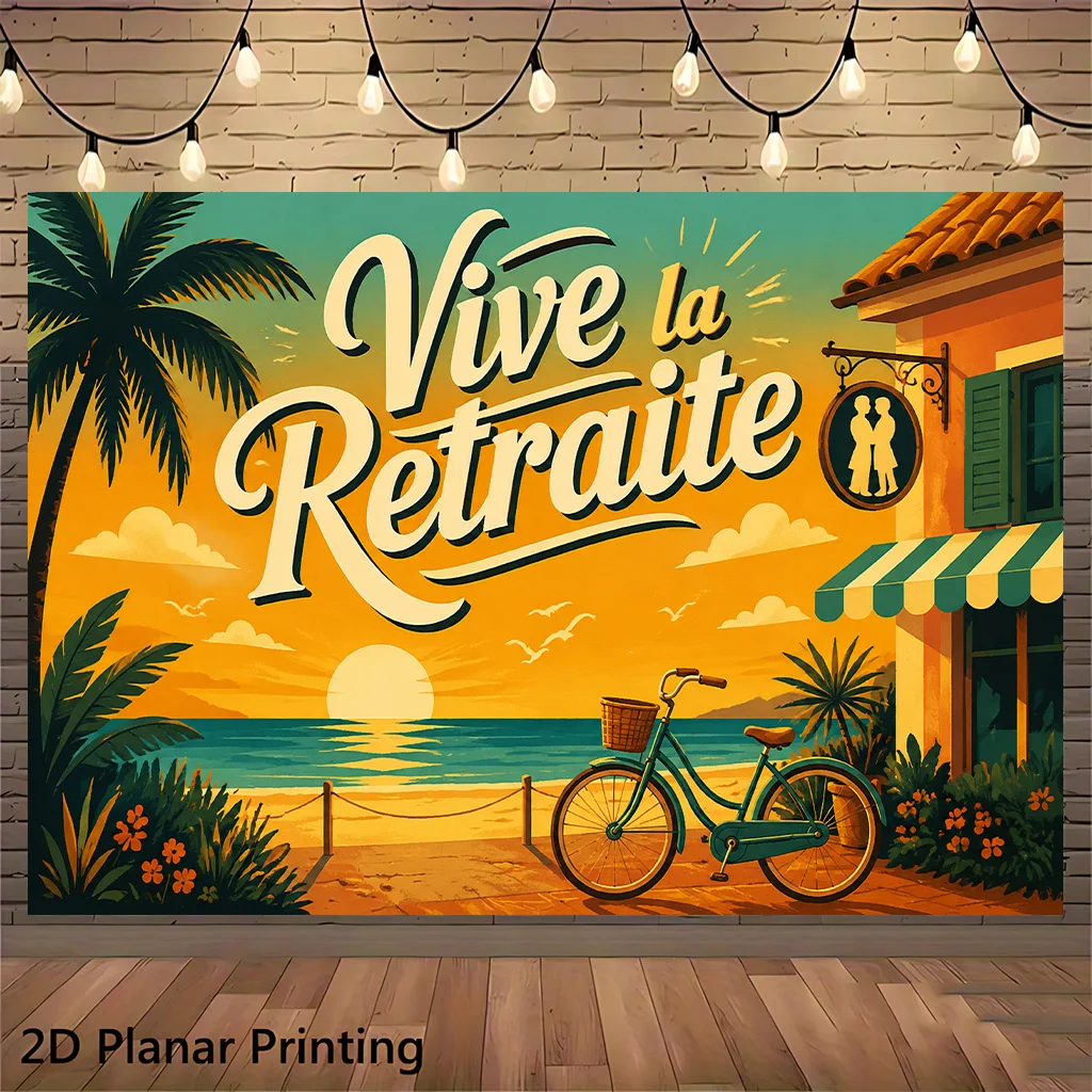 Vive La Retraite Tapestry, French Retirement Wall Hanging, Vintage Bicycle Decor, Seaside Sunset Art Cloth, Living Room Bedroom
