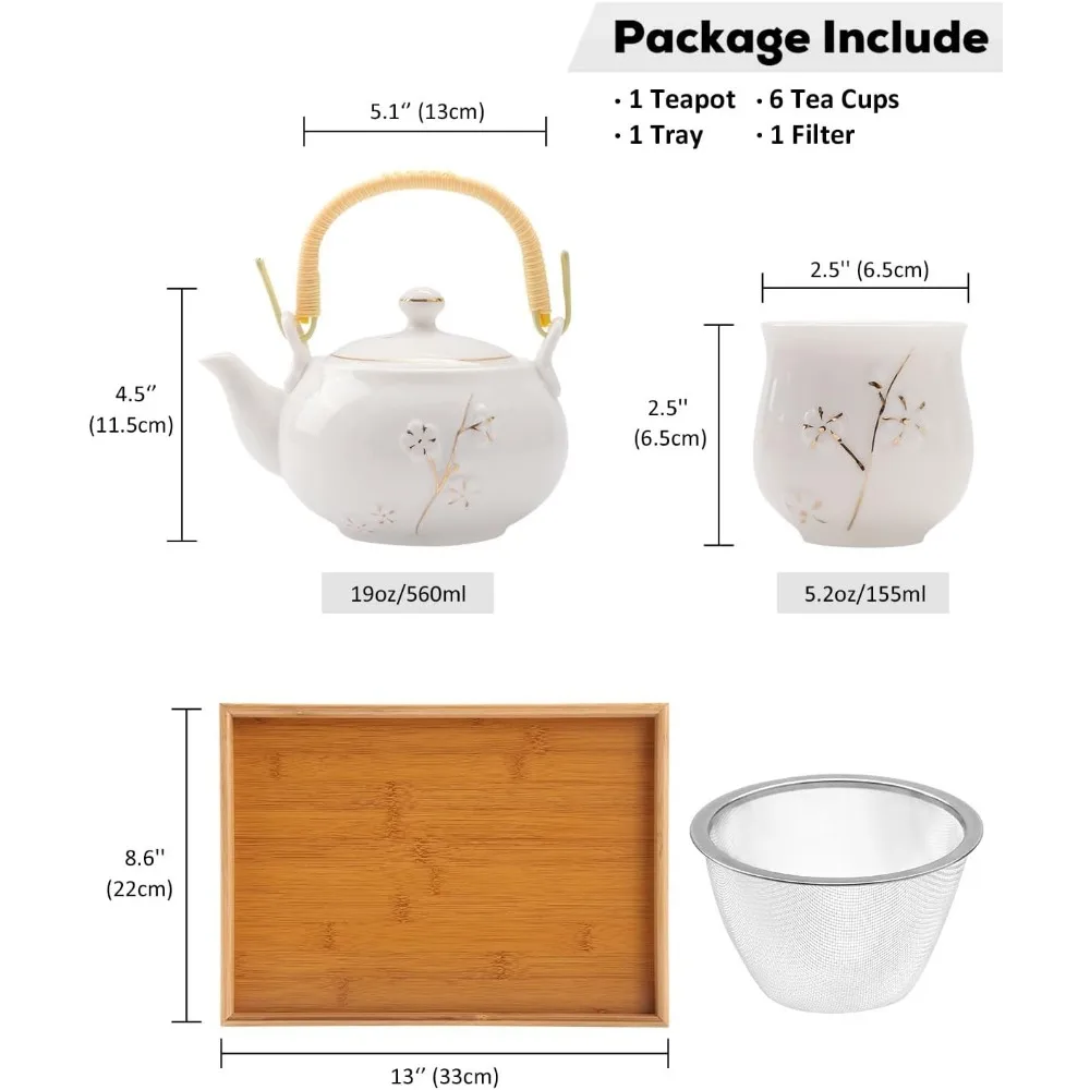 Japanese White Porcelain Tea Set with Teapot 6 Cups Tray Stainless Infuser Plum Design - view 5