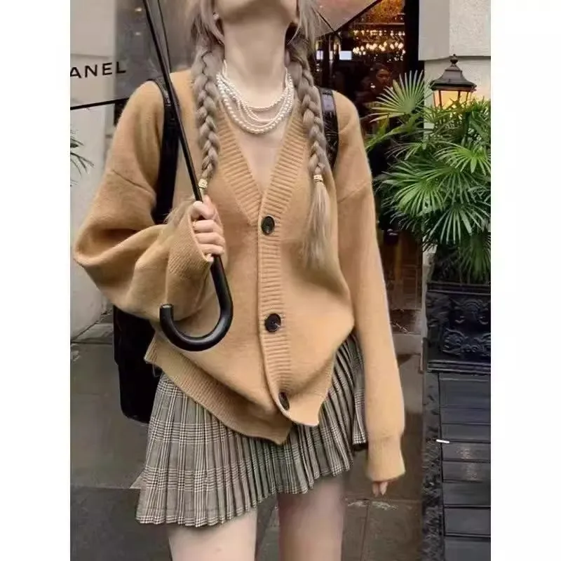 

Европейская станция, вязаный кардиган из 100% кашемира с v-образным вырезом, женский осенне-зимний свободный свитер с длинными рукавами, шерстяное пальто