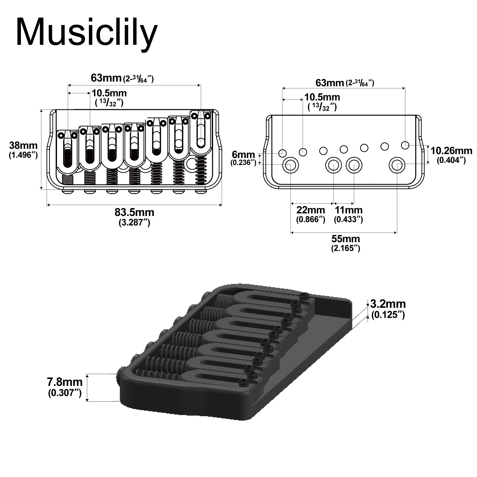 Musiclily Ultra 63mm H-Style Full Solid Brass Fixed Bridge for 7-String Electric Guitar, Black