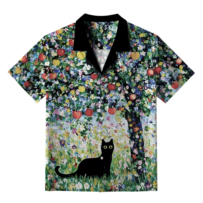 Hawaii Holiday Shirt For Men 3d Print Vintage Oil Painting Cat Summer Loose Hawaiian Beach Tops Casual Lapel Blouse Male Clothes