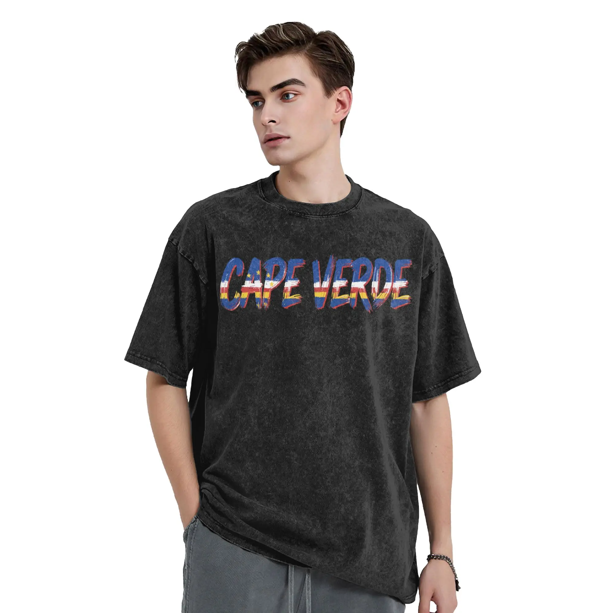 Cape Verde Flag Cabo Verde Washed T Shirt Streetwear  Fashion T-Shirts  Tees Tops for Men Women Short Sleeve Harajuku Summer