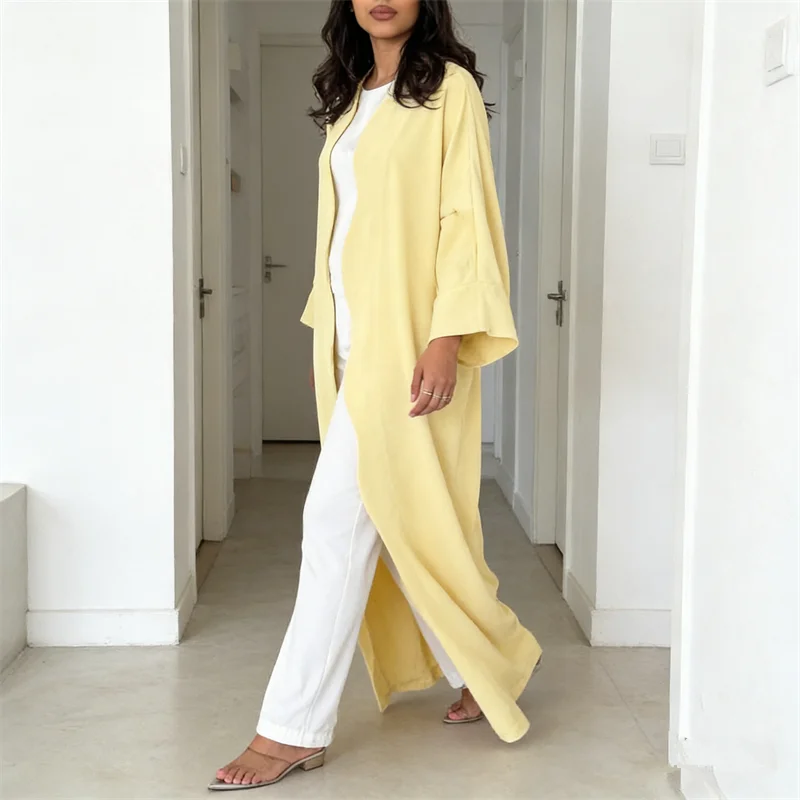 

Modest Dubai New Middle Eastern Arab Fashion Cardigan Robe Abayas Solid Color Muslim Dress for Women Kimono Jalabiya Kebaya Gown