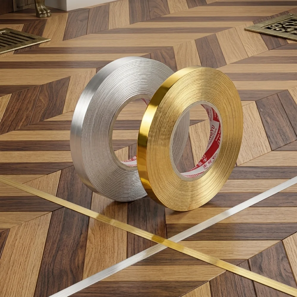 50M Self Adhesive Metallic Finish Trim Tape for Tile Gaps, Floors, Cabinets, Door Frames and Wall Edges