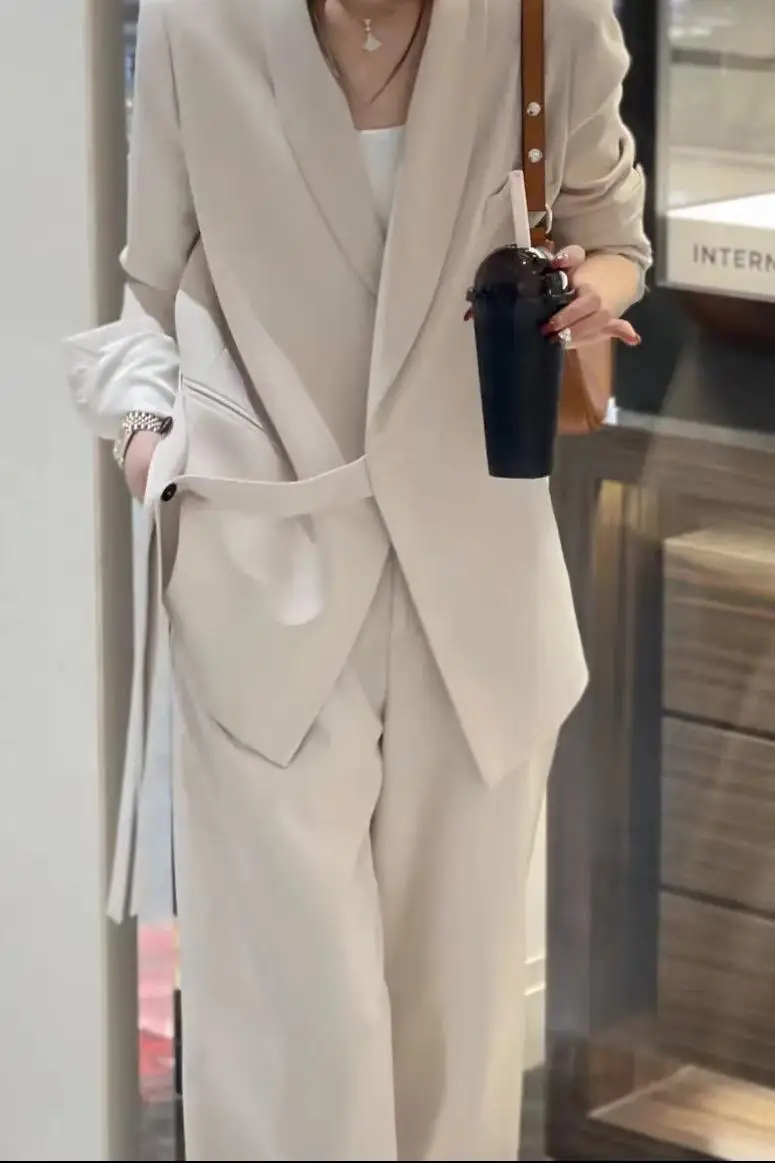 Women Suits Office Sets Pockets Coat Wide Leg Pants New 2023 Spring Autumn Office Wear Women Fashion Elegance Lady Blazer Sets