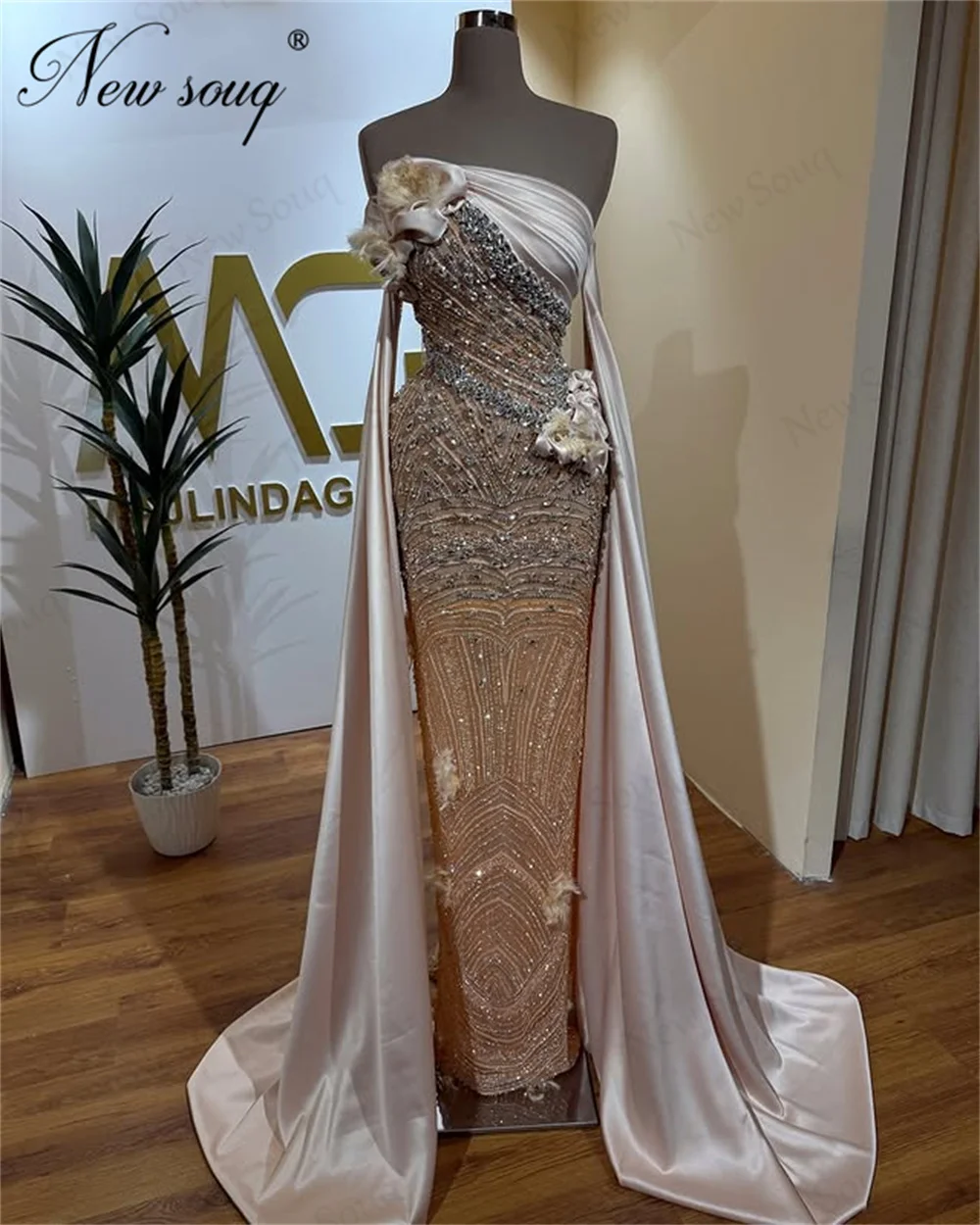 

Роскошные вечерние платья цвета шампанского с вырезом лодочкой, расшитые бисером свадебные платья для гостей, Vestidos De Noche, платье для выпускного вечера в Дубае по индивидуальному заказу