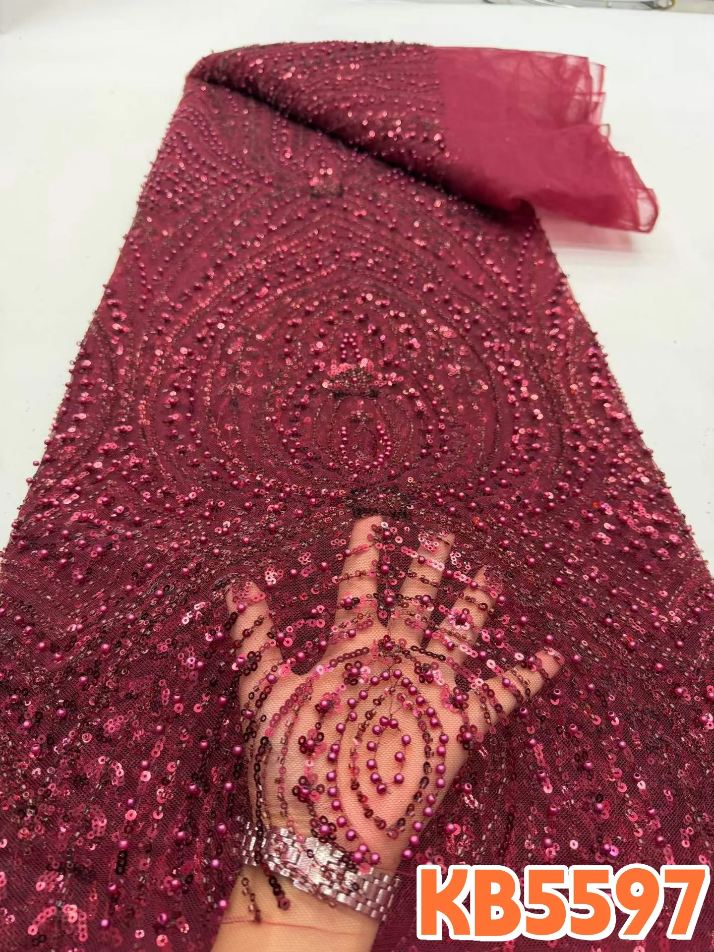 YALISI Burnt Orange Beads Lace Fabric Nigerian Lace Fabric 5 Yards High Quality 2026 Pink Sequence French Mesh for Sewing KB5597