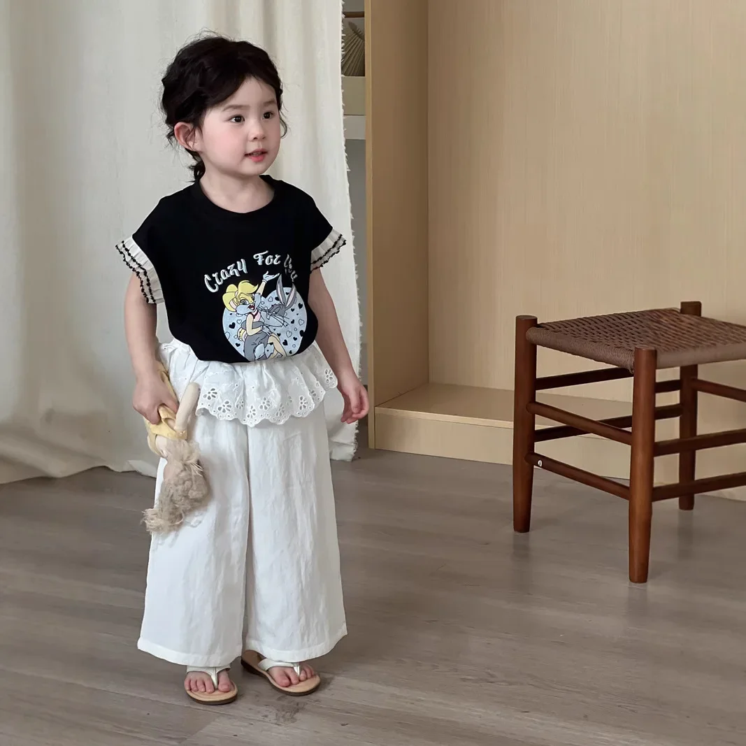 Girls Pants 2026 Summer New Childrens Wear Korean Style Girl Baby Fashion Lace Fart Curtain Straight Pants Casual Simple Daily