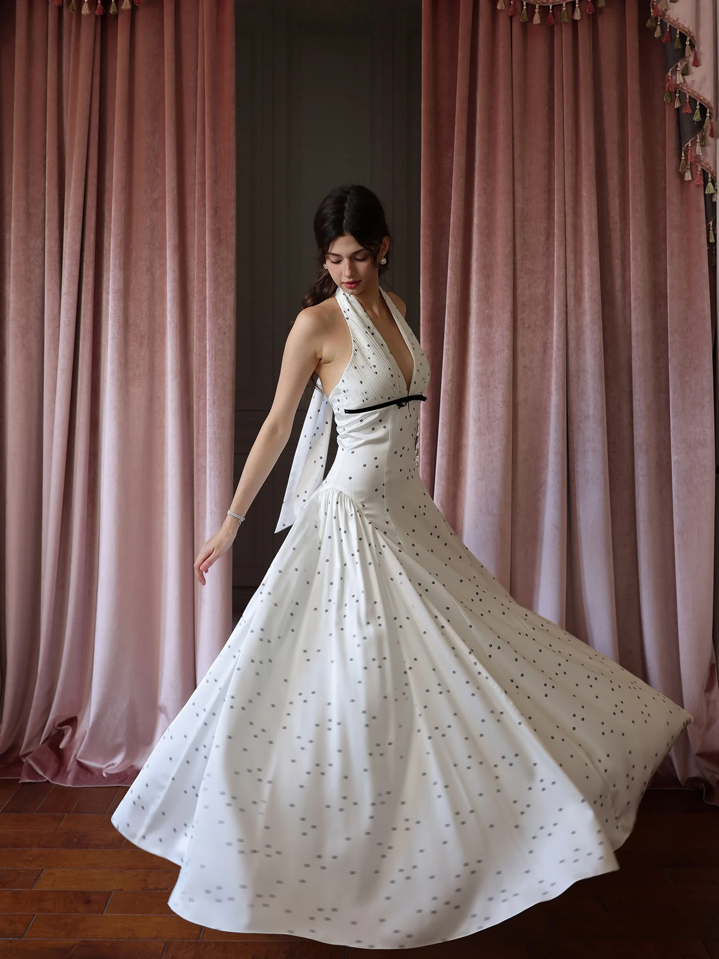 

Sexy Bal Polka Dot Strapl High Waist Gown for Women Ele A-Line Skirt Print Fabric No Sve V-Ne Daily Wear