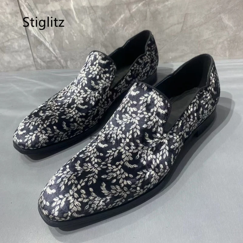 Leaves Prints Men's Black Suede Loafers Cow Leather Shoes for Men Dress Flat Small Square Toe Wedding Business Office Shoes