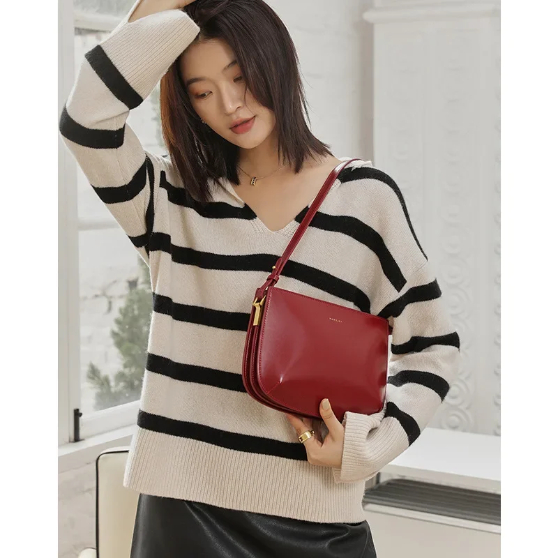 Korean Style 3 Layer Multi-pockets Split Leather Women Shoulder Handbag Casual Versatile Female Underarm Crossbody Saddle Bag