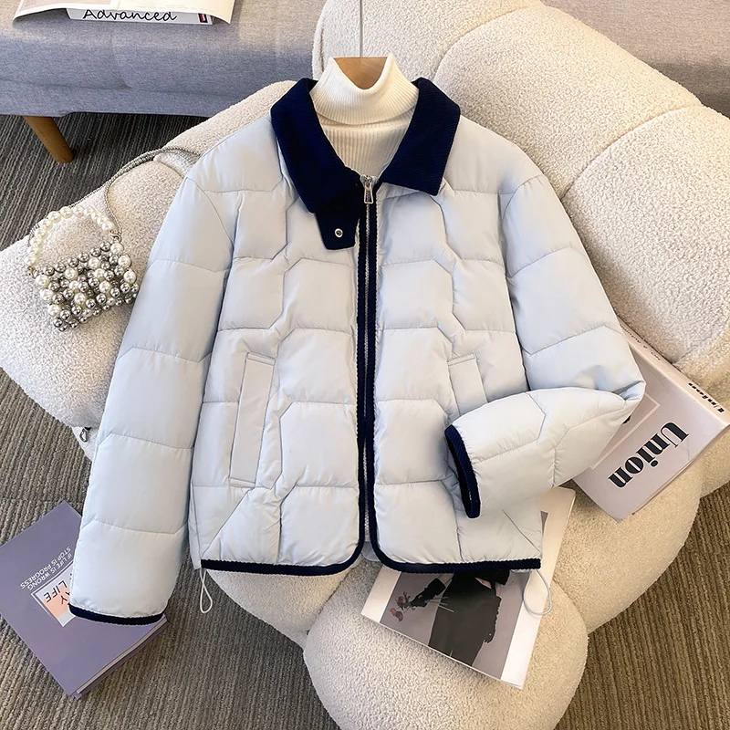 Korean Style Spliced Short Cotton Jacket Women's Winter New Long Sleeved Turndown Collar Outwear Versatile Loose Warm Top