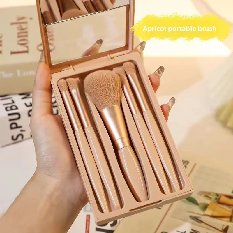 거울이 포함된 5개 휴대용 메이크업 브러쉬 세트 - 접이식 여행용 키트, 미니 메이크업 브러쉬 세트 여행용 메이크업 브러쉬 세트