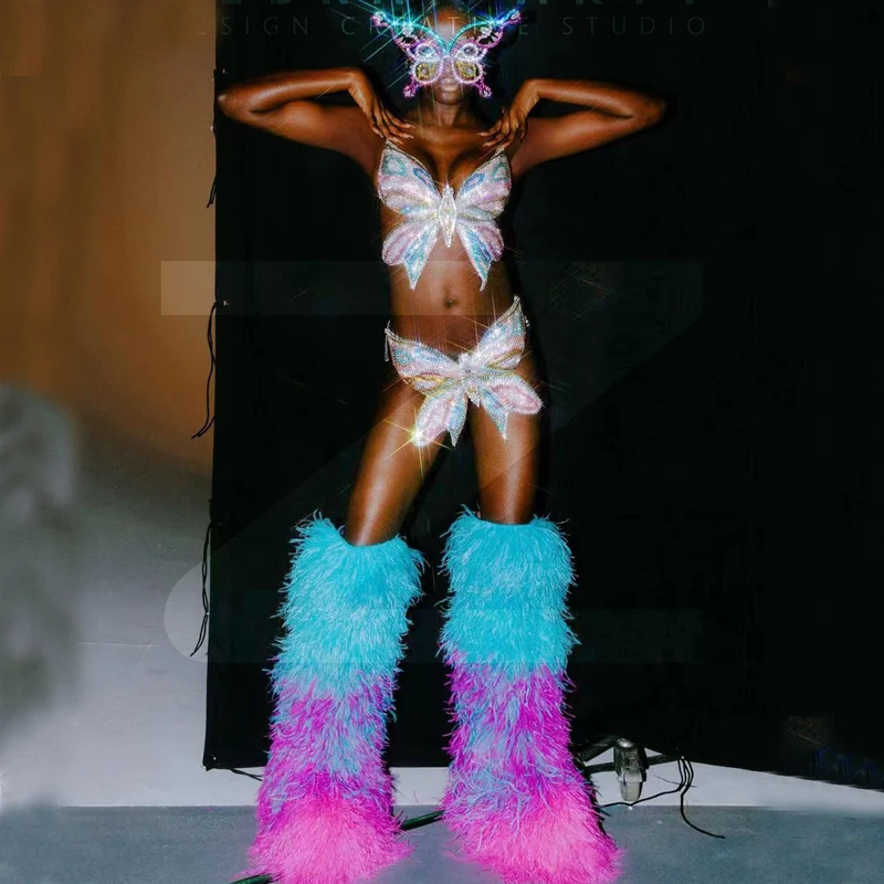 

Full Diamond Butterfly Bikini Exaggerated Headgear Fur Boots Nightclub Dj Ds Wear Pole Dance Gogo Costume Festival Outfit