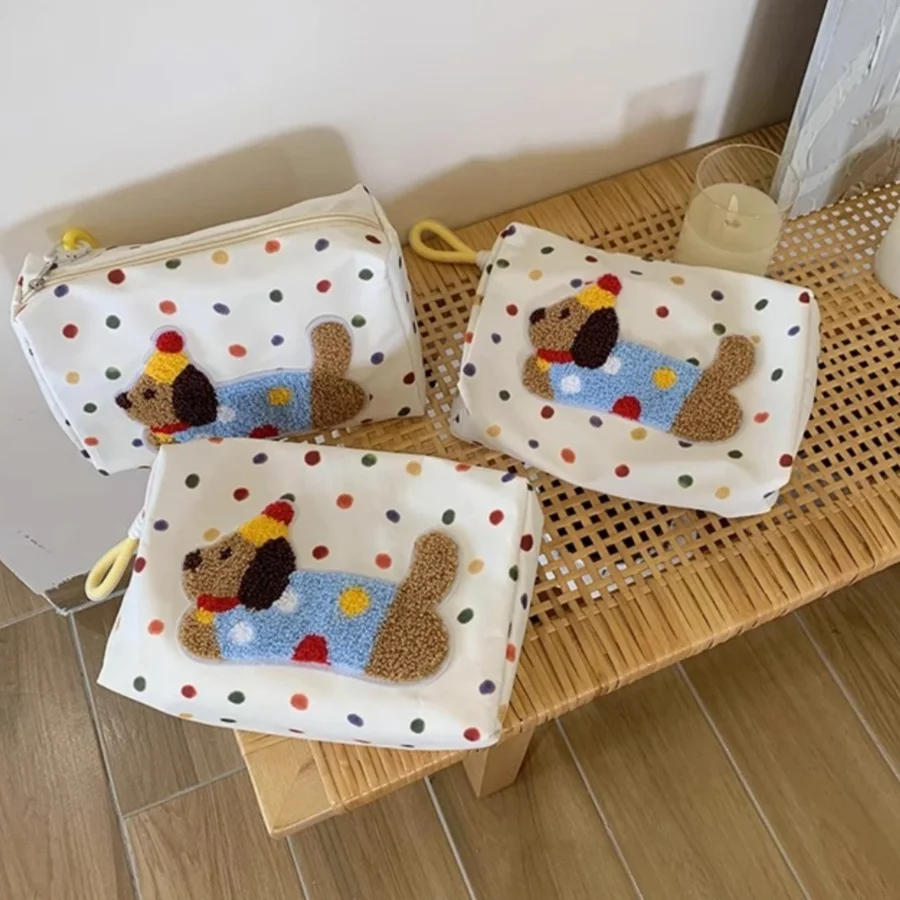 Cute Polka Dot Dog Embroidery Makeup Bag Cartoon Dachshund Large Capacity Storage Pouch Student Stationery Handheld Toiletry Bag