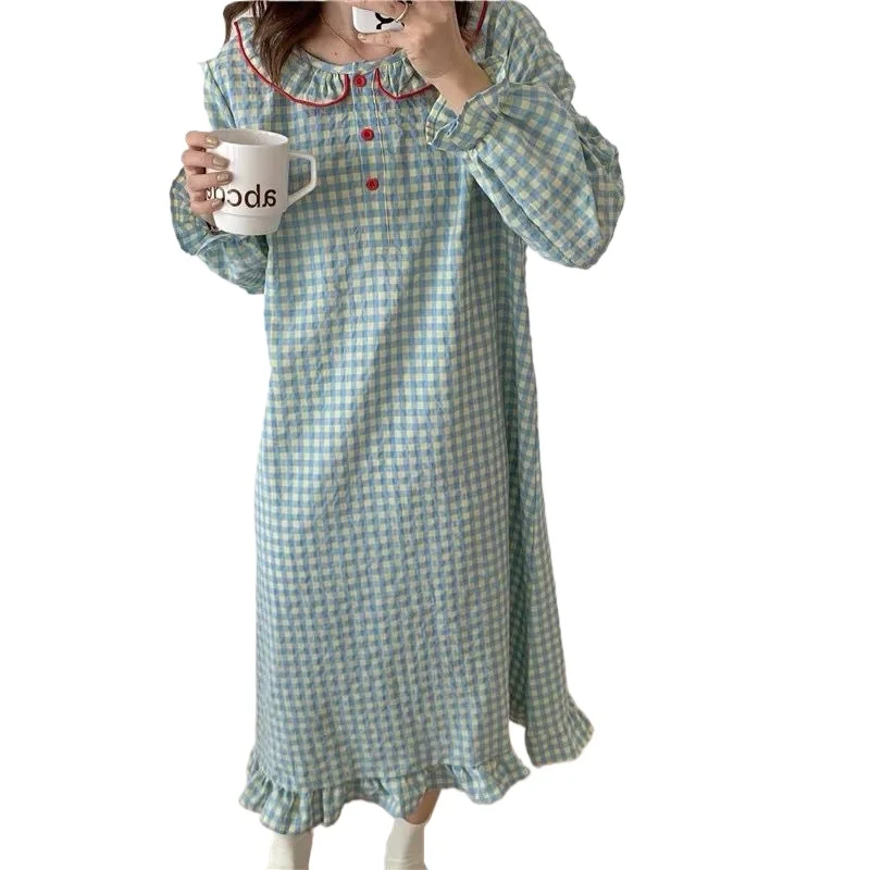 Plaid Women Nightgown Ruffles Sleepwear Korean Style Nightwear Autumn Peter Pan Collar Sleeping One Piece Pajamas Night Dress