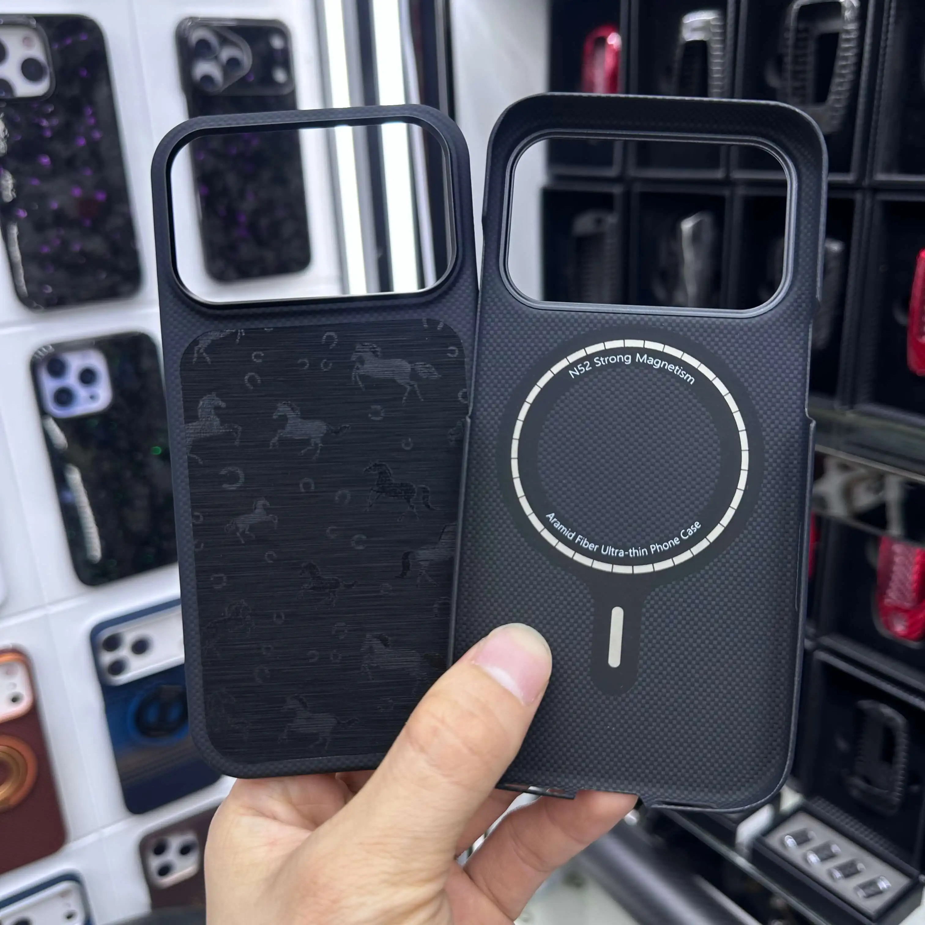 For iPhone 17 Pro Max Kevlar Aramid Fiber Case with Genuine Leather Inlay, Ultra Thin Hollow-Out Design Magnetic Magsafe Cover - view 2