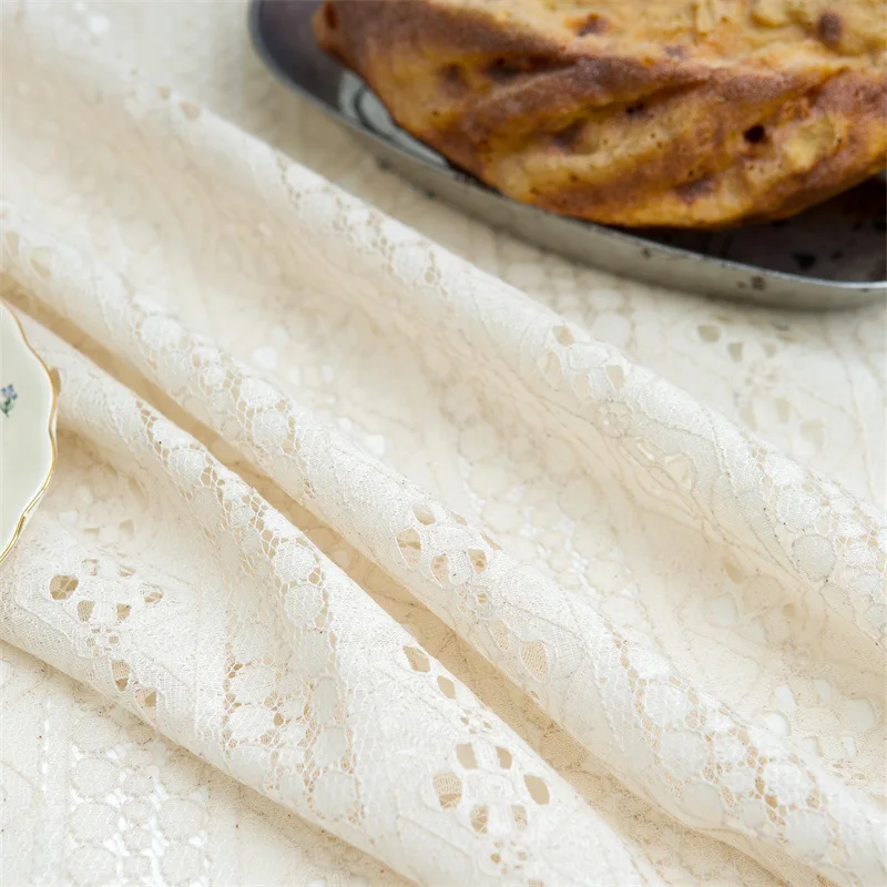 Table Cloth Round Lace Flower Hollowed Out French Style Table Cover Romantic with Tassel Linen Tablecloth for Coffee Table Decor
