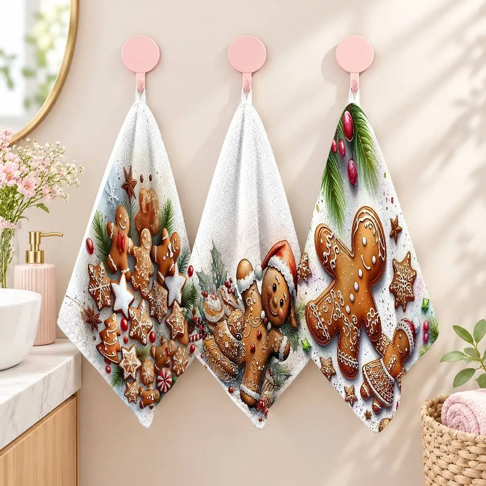 Gingerbread Man Christmas Printed Hand Towel Small Wash Towel Polyester Cotton Soft Cloth For Bathroom Sink Kitchen