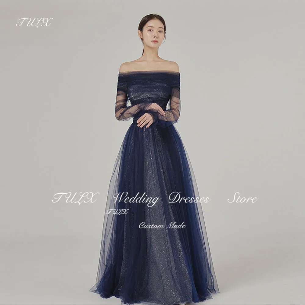 TULX Elegant Navy Blue Sparkly Evening Dresses Tulle Off The Shoulder Wedding Photo shoot Corset A Line Floor Length Prom Gown