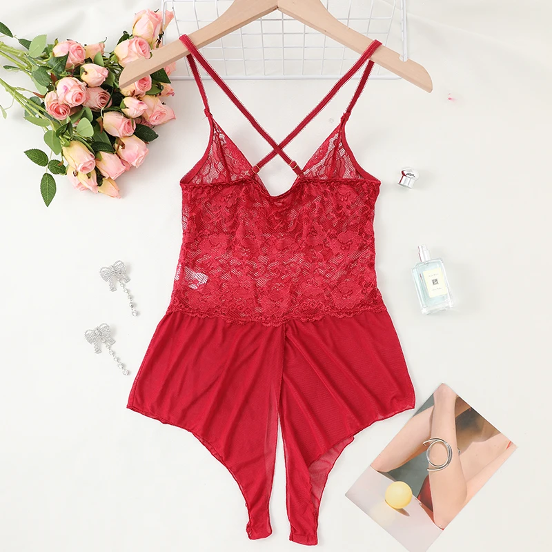 Women\'s Hollow Crotchless Bodysuit Slim Fit Mesh Lace Jumpsuit Bodysuit Summer Sexy Club Outfits Sleepwear Dress Women Lingerie