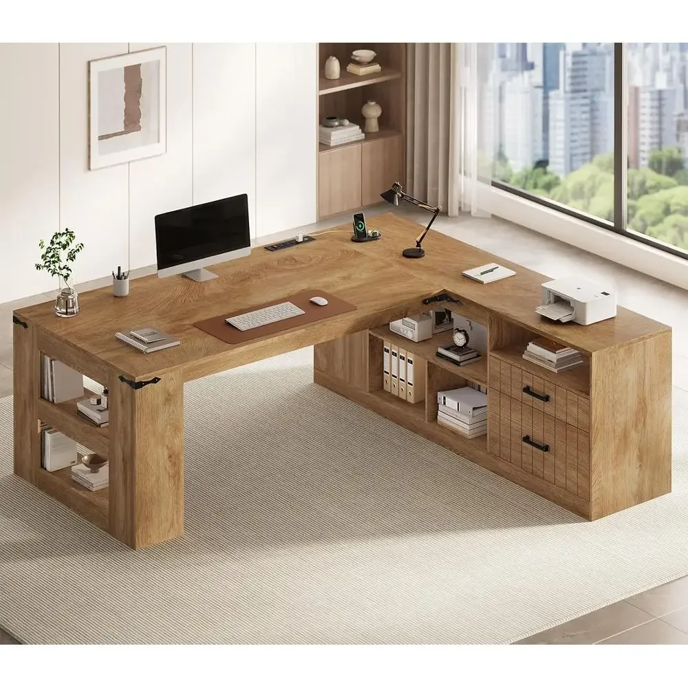 71 Large L-Shaped Office Desk with Drawers, Power Outlets, Storage Shelves, and Lateral File Cabinet in Oak Finish