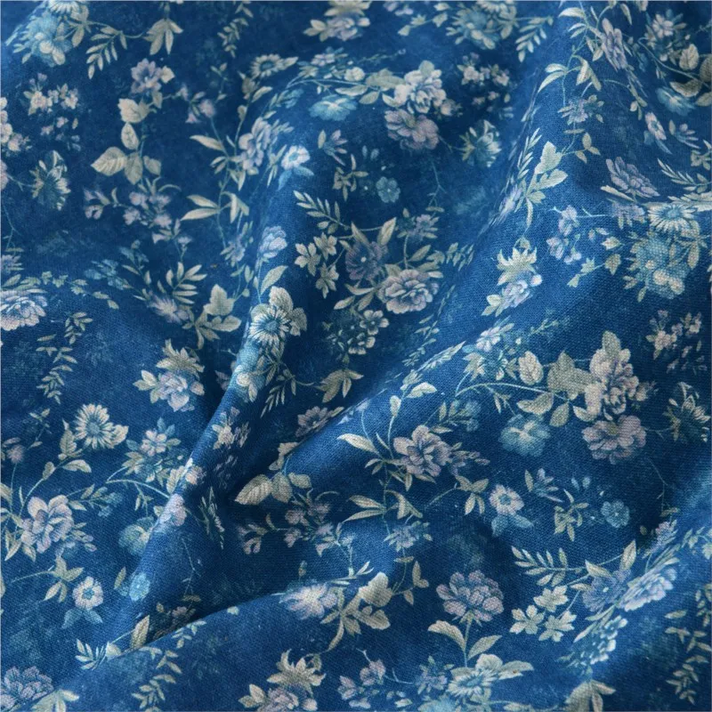 Linen Printed Cloth Thick Dark Blue Cotton Fabric Chinese Style Handmade Cotton Floral Elegant