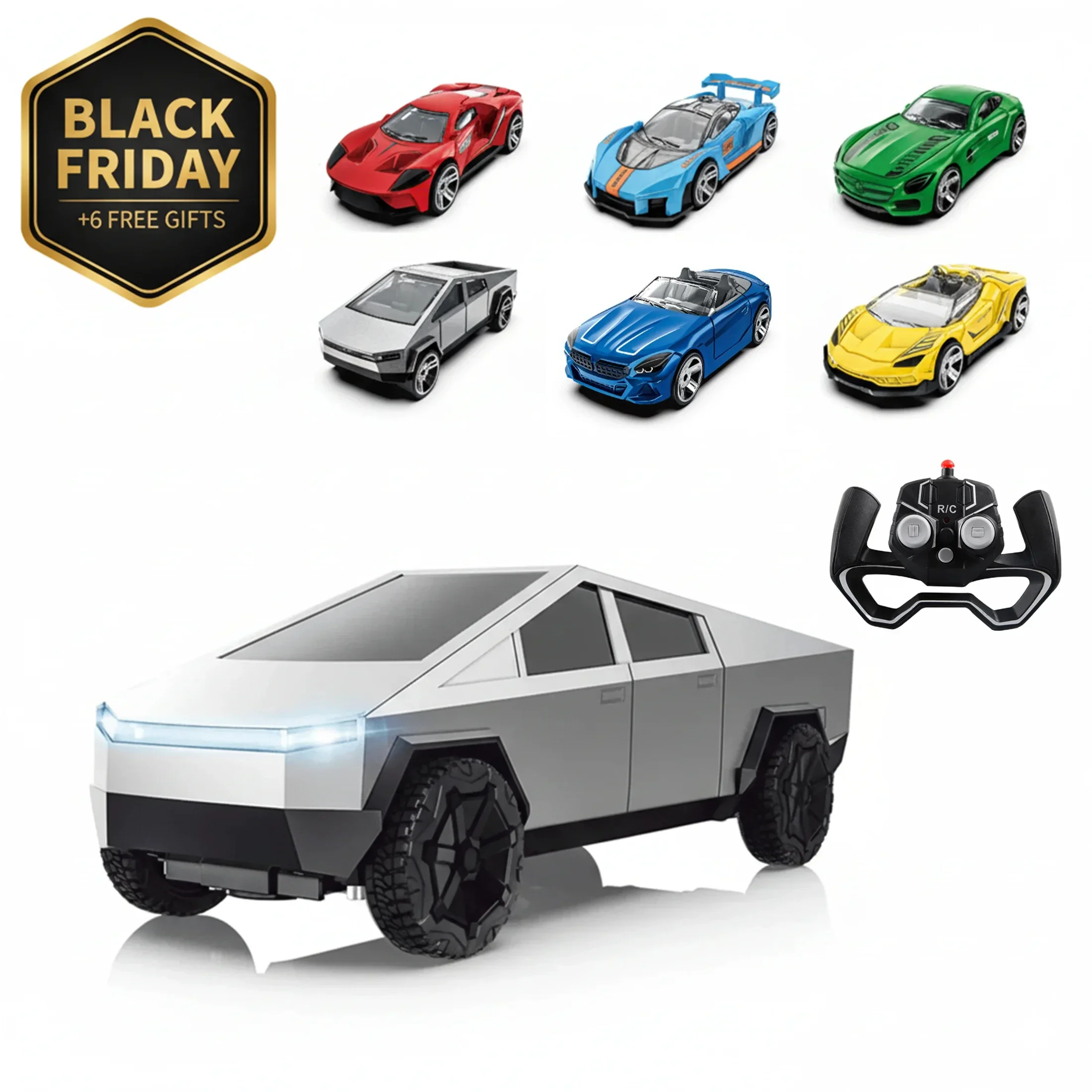 

1:24 RC Cybertruck Car с 6 мини-сплавными машинками, двухмоторный пикап с дистанционным управлением на 4WD со светодиодной подсветкой, подарочный набор игрушек для детей и мальчиков